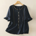 Buddha Stones Summer Boho Casual Button-up Solid Ruffle Bell Sleeve Women's Short Sleeve Shirts