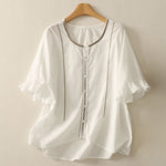 Buddha Stones Summer Boho Casual Button-up Solid Ruffle Bell Sleeve Women's Short Sleeve Shirts