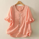 Buddha Stones Summer Boho Casual Button-up Solid Ruffle Bell Sleeve Women's Short Sleeve Shirts