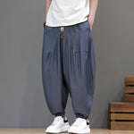 Buddha Stones Summer Casual Vintage Drawstring Solid Cotton Cropped Pants Men's Harem Pants With Pocket
