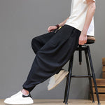 Buddha Stones Summer Casual Vintage Drawstring Solid Cotton Cropped Pants Men's Harem Pants With Pocket