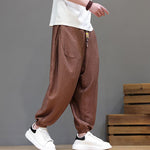 Buddha Stones Summer Casual Vintage Drawstring Solid Cotton Cropped Pants Men's Harem Pants With Pocket