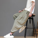 Buddha Stones Summer Casual Vintage Drawstring Solid Cotton Cropped Pants Men's Harem Pants With Pocket