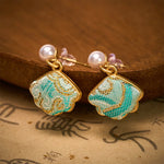 Buddha Stones Pearl Song Brocade Leaf Shaped Balance Chinese Earrings