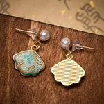 Buddha Stones Pearl Song Brocade Leaf Shaped Balance Chinese Earrings