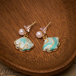 Buddha Stones Pearl Song Brocade Leaf Shaped Balance Chinese Earrings
