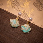 Buddha Stones Pearl Song Brocade Leaf Shaped Balance Chinese Earrings