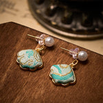 Buddha Stones Pearl Song Brocade Leaf Shaped Balance Chinese Earrings