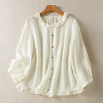 Buddha Stones Summer Casual Vintage Button-up Ruffled Crew Neck Solid Women's Long Sleeve Shirts