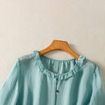Buddha Stones Summer Casual Vintage Button-up Ruffled Crew Neck Solid Women's Long Sleeve Shirts
