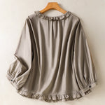 Buddha Stones Summer Casual Vintage Button-up Ruffled Crew Neck Solid Women's Long Sleeve Shirts