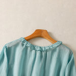 Buddha Stones Summer Casual Vintage Button-up Ruffled Crew Neck Solid Women's Long Sleeve Shirts