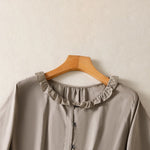 Buddha Stones Summer Casual Vintage Button-up Ruffled Crew Neck Solid Women's Long Sleeve Shirts
