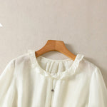 Buddha Stones Summer Casual Vintage Button-up Ruffled Crew Neck Solid Women's Long Sleeve Shirts