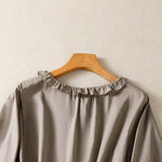 Buddha Stones Summer Casual Vintage Button-up Ruffled Crew Neck Solid Women's Long Sleeve Shirts