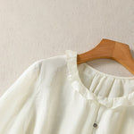 Buddha Stones Summer Casual Vintage Button-up Ruffled Crew Neck Solid Women's Long Sleeve Shirts