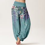 Buddha Stones Pure Cotton Orchid Birds Pattern Women's Elastic Waist Harem Pants