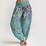 Buddha Stones Pure Cotton Orchid Birds Pattern Women's Elastic Waist Harem Pants