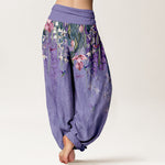 Buddha Stones Pure Cotton Orchid Birds Pattern Women's Elastic Waist Harem Pants