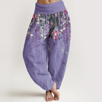 Buddha Stones Pure Cotton Orchid Birds Pattern Women's Elastic Waist Harem Pants