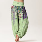 Buddha Stones Pure Cotton Orchid Birds Pattern Women's Elastic Waist Harem Pants