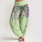 Buddha Stones Pure Cotton Orchid Birds Pattern Women's Elastic Waist Harem Pants