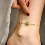 Buddha Stones Hetian Jade Peace Buckle Pearl Safety Chain Anklet