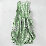 Buddha Stones Summer Casual White Medallion Floral Pattern Women's Summer Sleeveless Midi Dress With Pockets