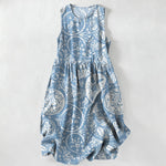 Buddha Stones Summer Casual White Medallion Floral Pattern Women's Summer Sleeveless Midi Dress With Pockets