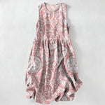 Buddha Stones Summer Casual White Medallion Floral Pattern Women's Summer Sleeveless Midi Dress With Pockets