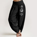Buddha Stones Pure Cotton Om Hamsa Yin Yang Lotus Pattern Women's Elastic Waist Harem Pants