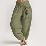 Buddha Stones Pure Cotton Om Hamsa Yin Yang Lotus Pattern Women's Elastic Waist Harem Pants