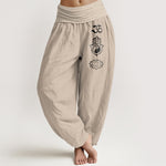 Buddha Stones Pure Cotton Om Hamsa Yin Yang Lotus Pattern Women's Elastic Waist Harem Pants