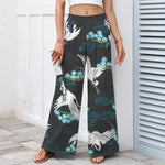 Buddha Stones Cotton Linen White Crane Auspicious Clouds Pine Pattern Women's Elastic Waist Wide Leg Pants With Pockets