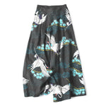 Buddha Stones Cotton Linen White Crane Auspicious Clouds Pine Pattern Women's Elastic Waist Wide Leg Pants With Pockets