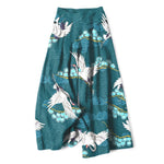 Buddha Stones Cotton Linen White Crane Auspicious Clouds Pine Pattern Women's Elastic Waist Wide Leg Pants With Pockets