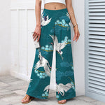 Buddha Stones Cotton Linen White Crane Auspicious Clouds Pine Pattern Women's Elastic Waist Wide Leg Pants With Pockets
