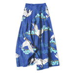 Buddha Stones Cotton Linen White Crane Auspicious Clouds Pine Pattern Women's Elastic Waist Wide Leg Pants With Pockets