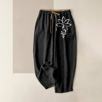 Buddha Stones Pure Cotton Lotus Om Pattern Women's Elastic Waist Pants With Pockets