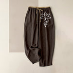 Buddha Stones Pure Cotton Lotus Om Pattern Women's Elastic Waist Pants With Pockets