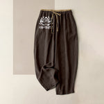 Buddha Stones Pure Cotton Namaste Lotus Pattern Women's Elastic Waist Pants With Pockets