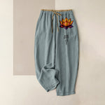 Buddha Stones Pure Cotton Orange Lotus Pattern Women's Elastic Waist Pants With Pockets