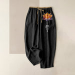 Buddha Stones Pure Cotton Orange Lotus Pattern Women's Elastic Waist Pants With Pockets