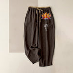 Buddha Stones Pure Cotton Orange Lotus Pattern Women's Elastic Waist Pants With Pockets