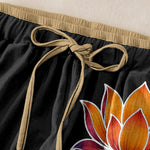 Buddha Stones Pure Cotton Orange Lotus Pattern Women's Elastic Waist Pants With Pockets