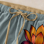 Buddha Stones Pure Cotton Orange Lotus Pattern Women's Elastic Waist Pants With Pockets