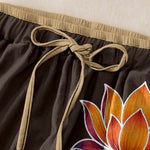 Buddha Stones Pure Cotton Orange Lotus Pattern Women's Elastic Waist Pants With Pockets