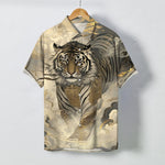 Buddha Stones Tiger Cloud Wave Pattern Buttons Wrinkle-resistant Men's Short Sleeve Shirt