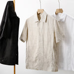 Buddha Stones Summer Minimalist Button-Up Solid Cotton Linen Men's Short Sleeve Shirts With Pocket