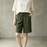 Buddha Stones Summer Casual Drawstring Solid Bermuda Shorts Women's Straight Leg Pants With Pockets